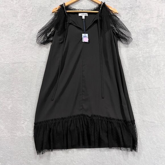 Libby Edelman Mini Black Shift Lace Dress L Cold Shoulder Mesh NWT - Picture 1 of 8